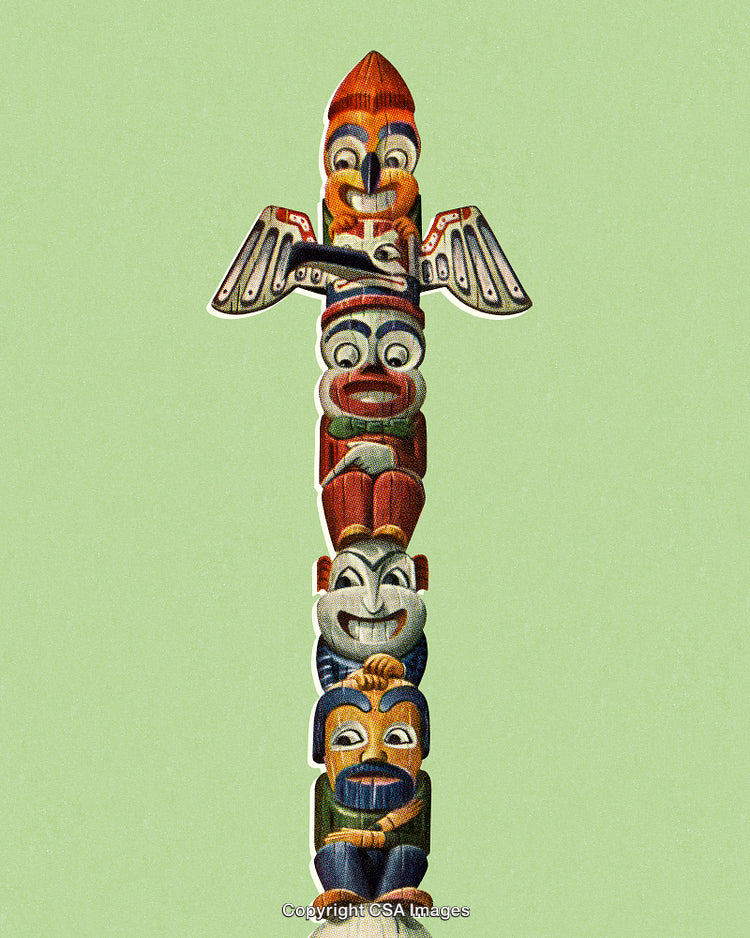 Colorful Wooden Totem Pole Isolated Against Minimalist Green Background