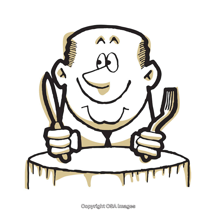 Illustrated Man Smiling with Knife and Fork Ready to Dine