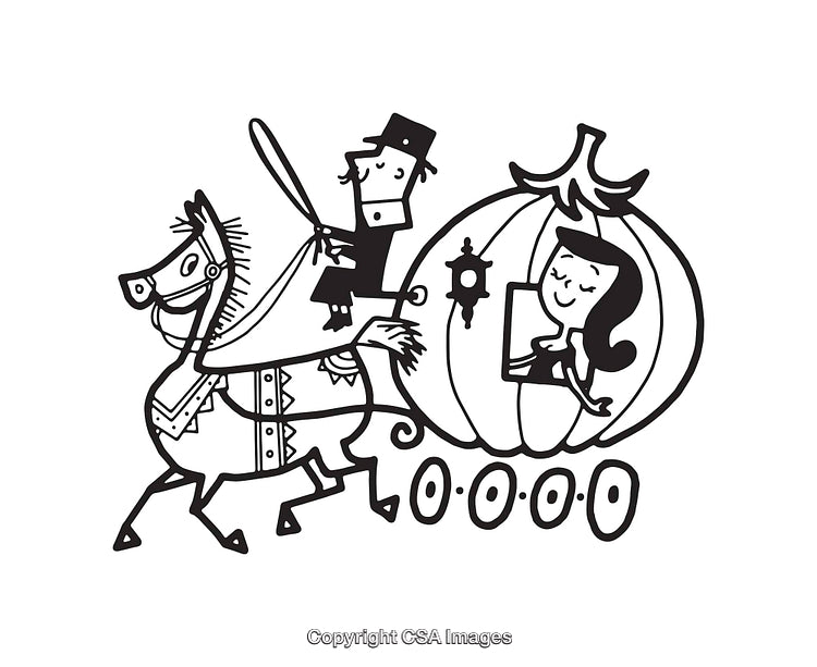 Black-and-White Illustration of a Fairytale Pumpkin Carriage with Characters