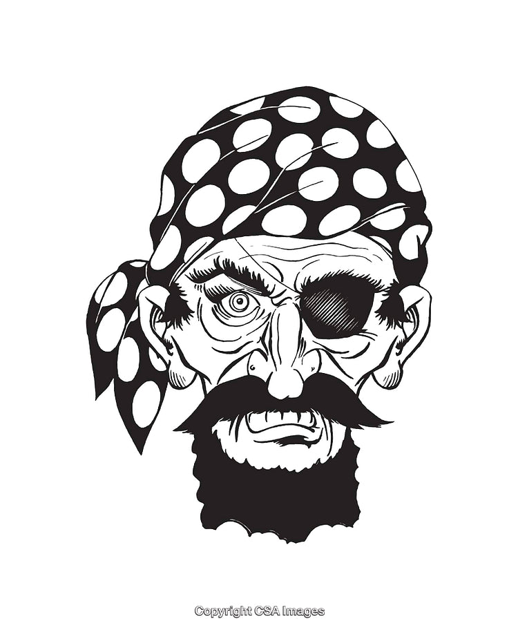 Black and White Line Art Illustration of a Rugged Pirate Face