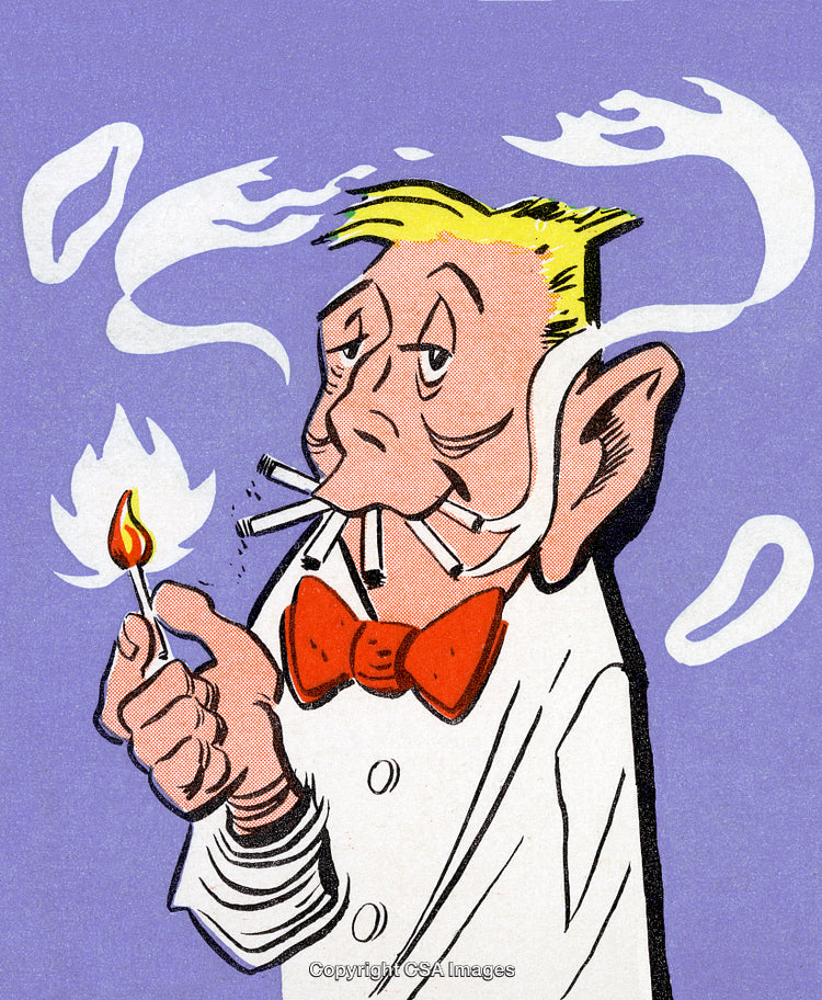 Humorous Cartoon Character Smoking with a Lit Matchstick and Expressive Style