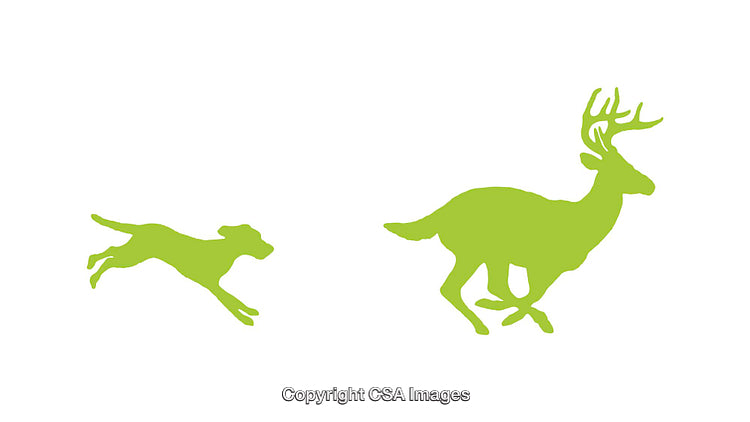 Green Silhouettes of a Running Dog and Deer in Motion