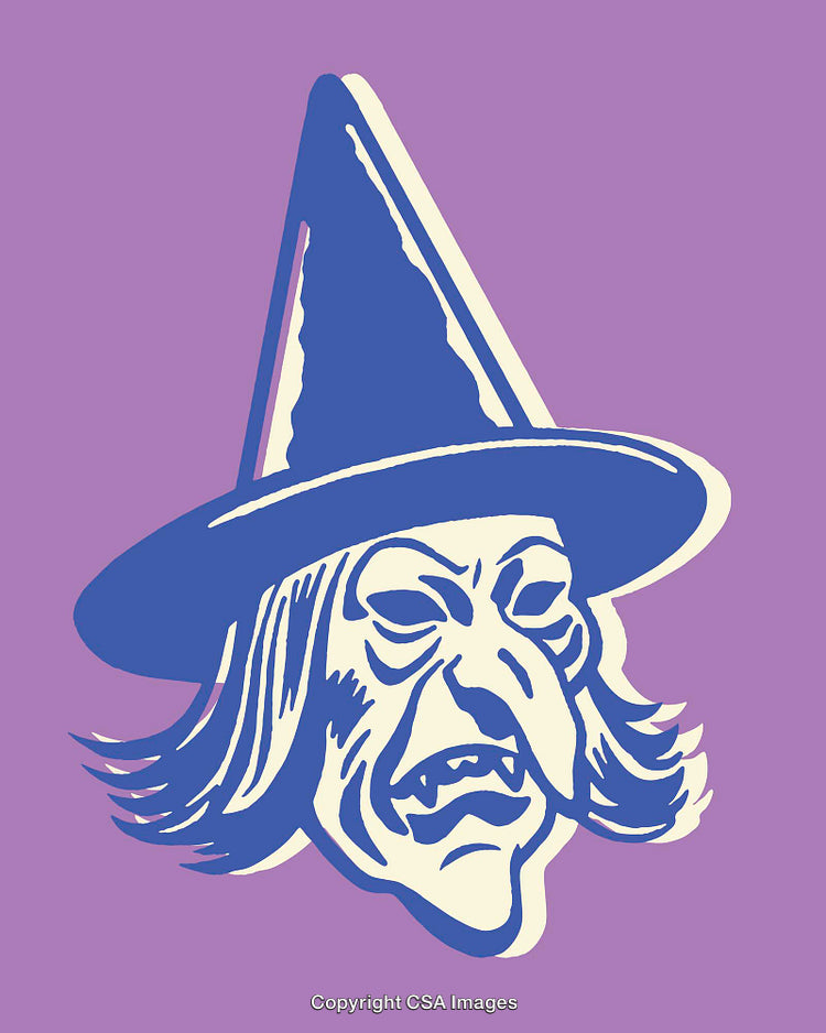 Colorful Line Art Illustration of a Witch with a Hat on Purple Background