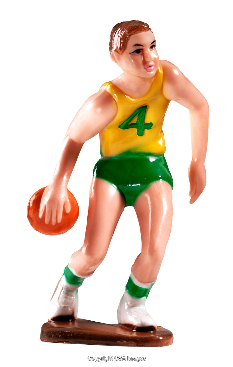 Plastic Basketball Toy Figure in Yellow and Green Uniform Holding Ball