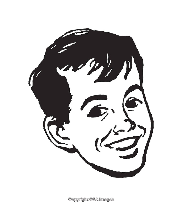 Black and White Illustrative Line Art of a Smiling Boy's Face