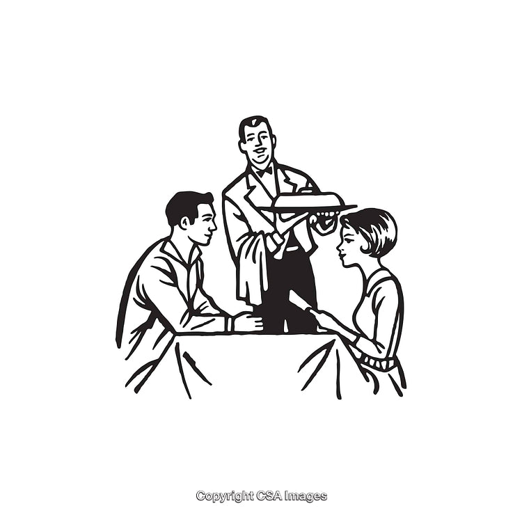 Black and White Line Art of Couple Dinner Meeting a Waiter