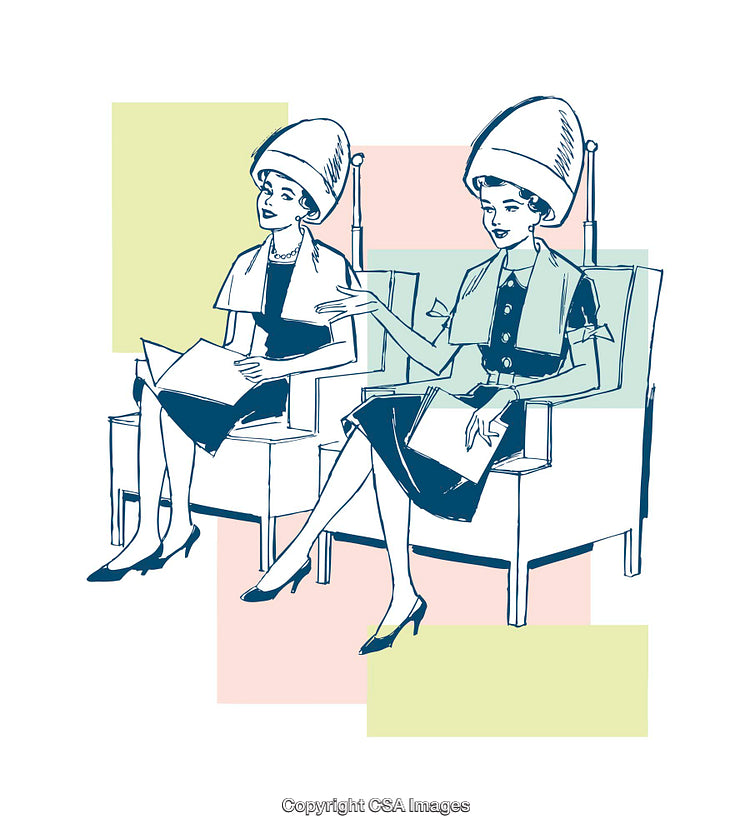 Vintage Illustration of Two Women at a Beauty Salon Under Hair Dryers
