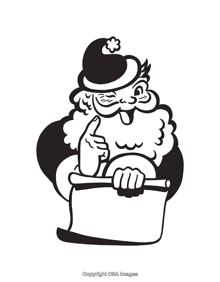 Cheerful Santa Claus Illustration Holding a Scroll in Black and White Line Art