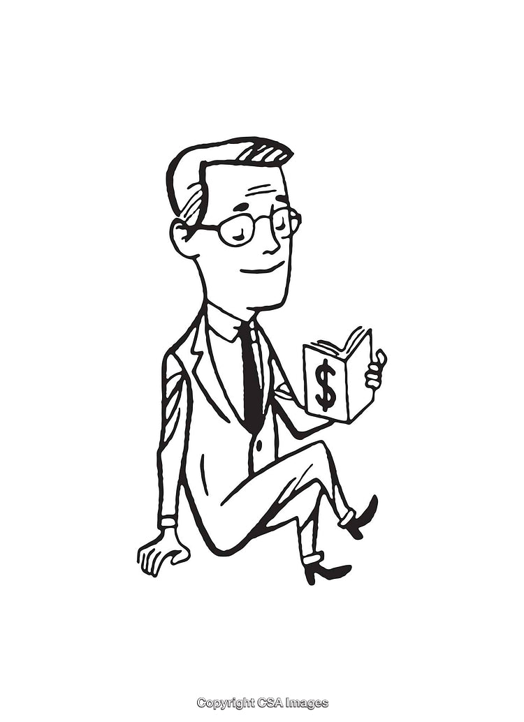 Businessman Reading a Book on Financial Success in Line Art Style
