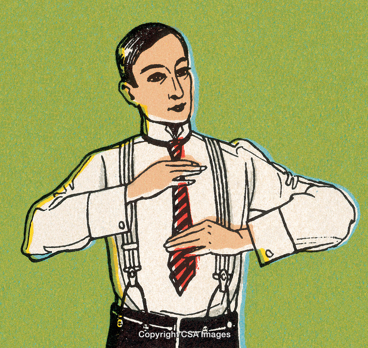 Vintage Illustration of a Man Wearing Suspenders and Fixing a Striped Tie