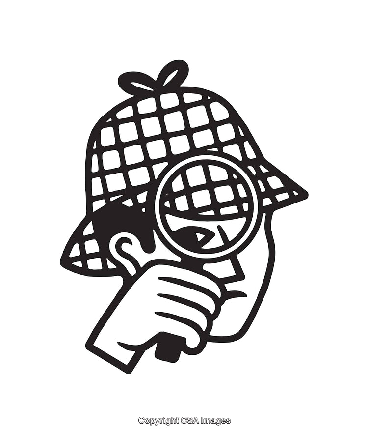 Black and White Line Art of a Detective with Magnifying Glass