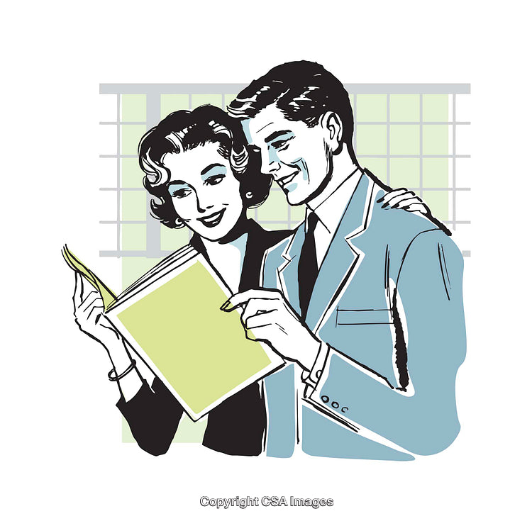 Retro Illustration of Couple Reading a Book Together in Warm Setting