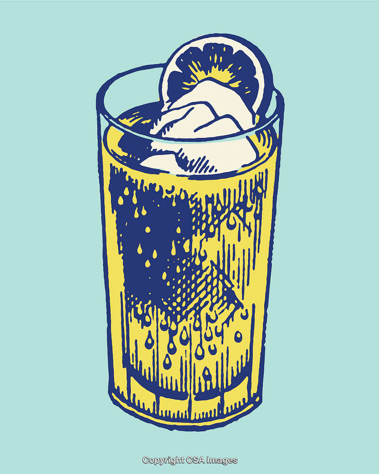 Colorful Line Art Illustration of a Lemonade Glass with Ice and Lemon Slice