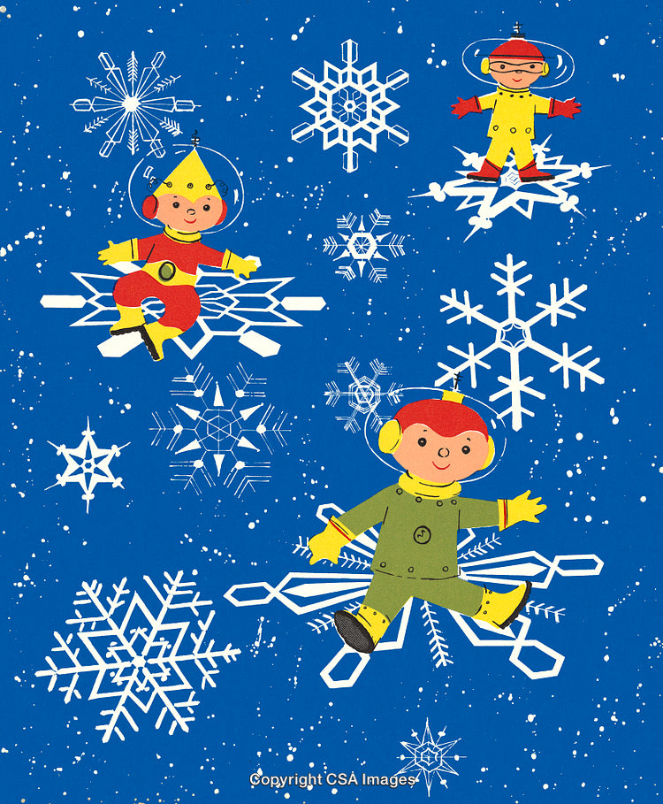 Colorful Illustration of Characters and Snowflakes in a Vibrant Winter Theme