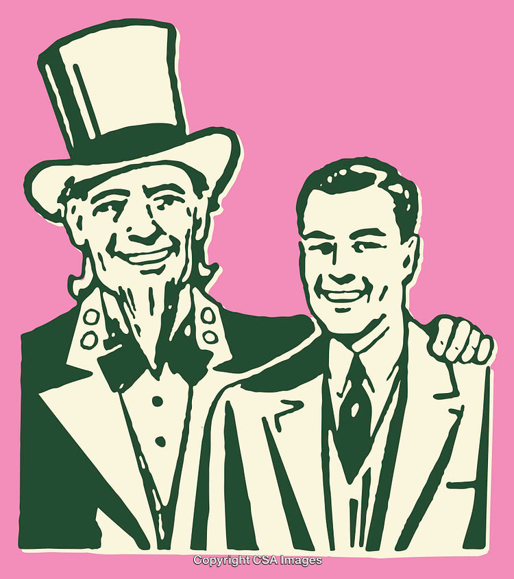 Illustration of Uncle Sam Beside a Smiling Gentleman on a Pink Background