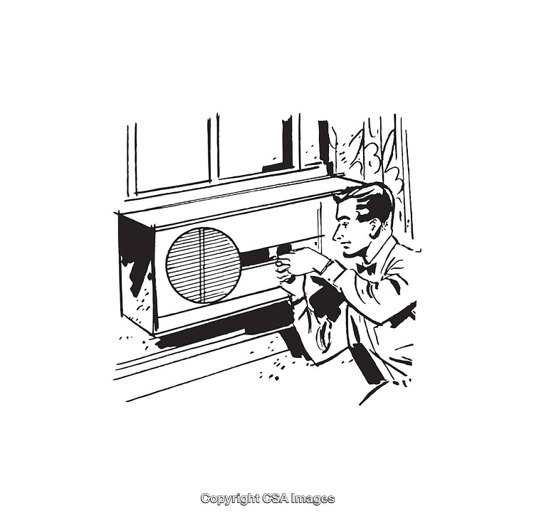 Man Adjusting Window-Mounted Cooling Unit in Vintage Black and White Line Art