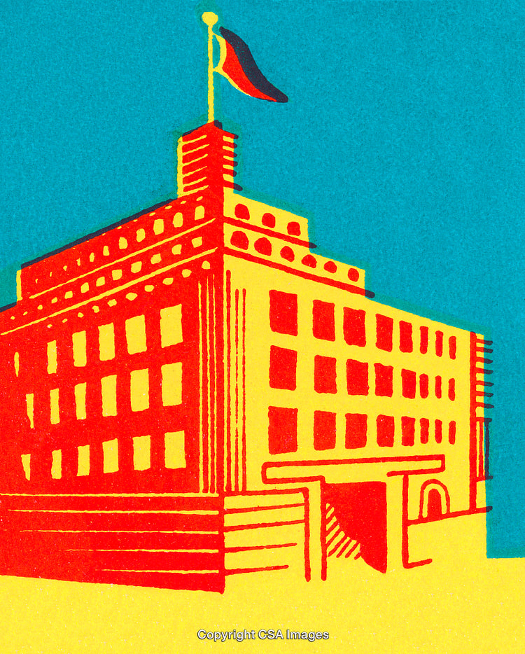 Illustrated Building with Flag in Bold Primary Color Style