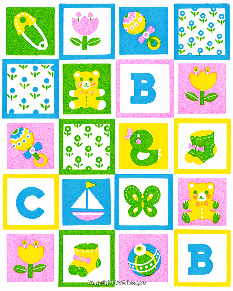 Colorful Baby-Themed Grid of Playful Icons and Alphabet Letters