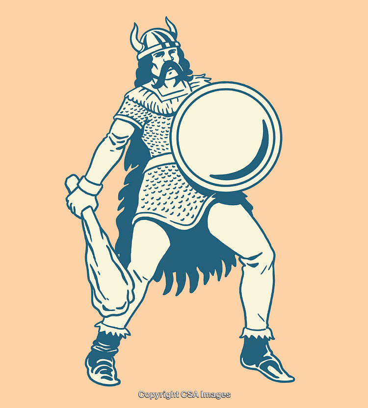 Illustration of a Viking Warrior Holding Club and Shield in Norse Attire