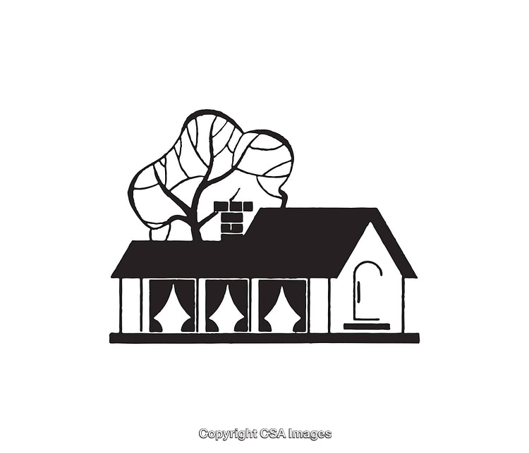 Black and White Line Illustration of a Home with a Large Tree