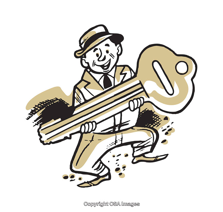 Vintage Illustration of a Cheerful Man Holding a Giant Skeleton Key