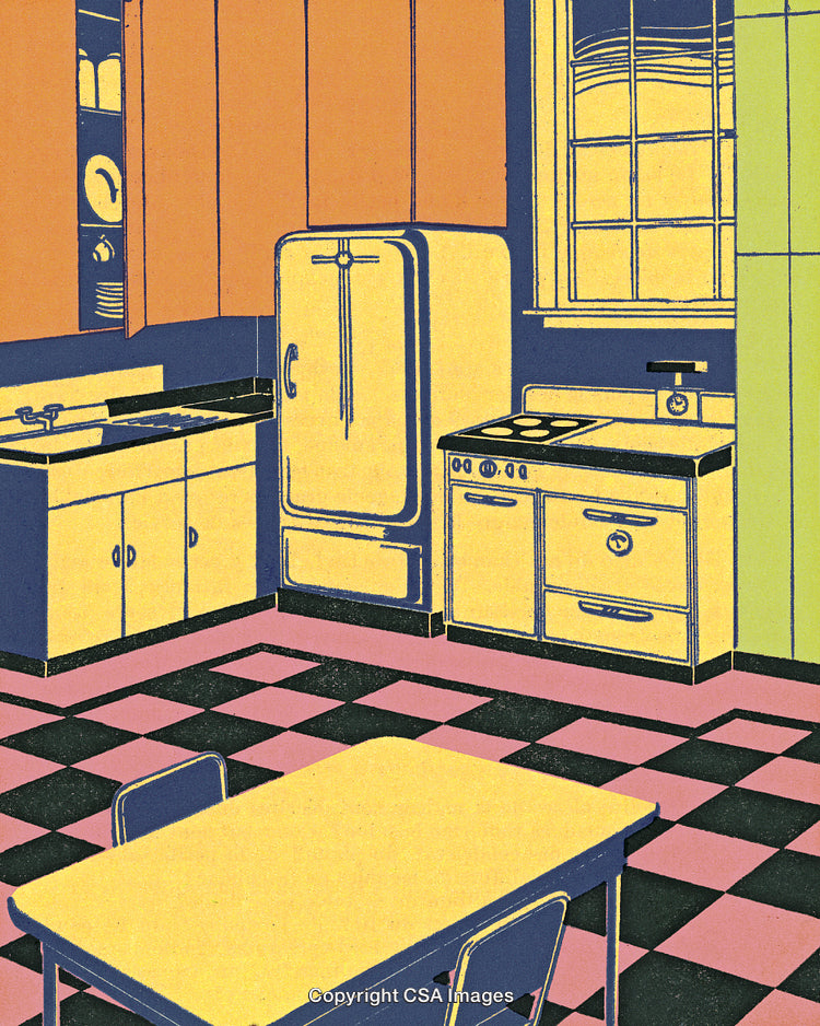Retro Inspired Kitchen Interior with Vibrant Colors and Checkered Flooring