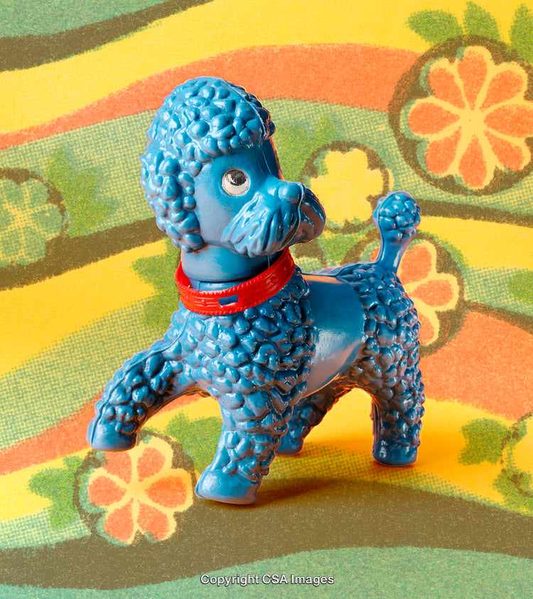 Colorful Blue Toy Poodle Figurine on Vibrant Retro Floral Background