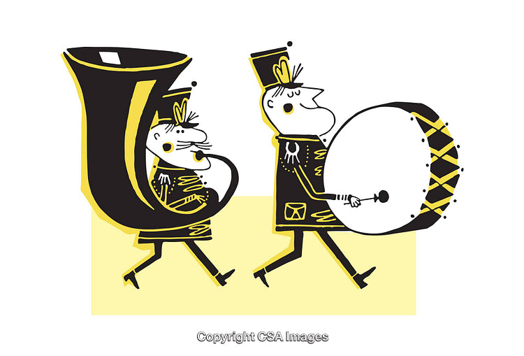 Whimsical Color Illustration of Marching Band with Tuba and Bass Drum