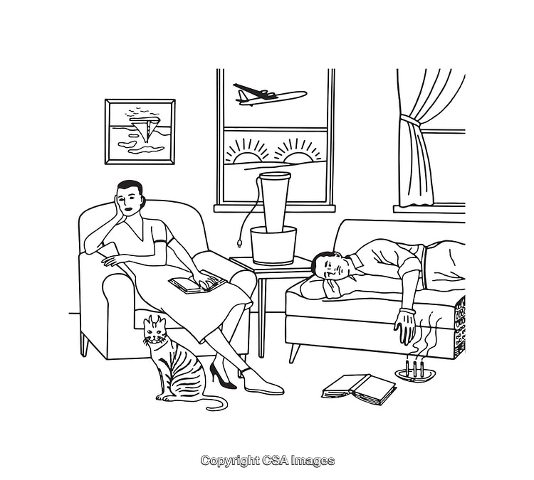 Black and White Line Art of a Relaxing Living Room Scene