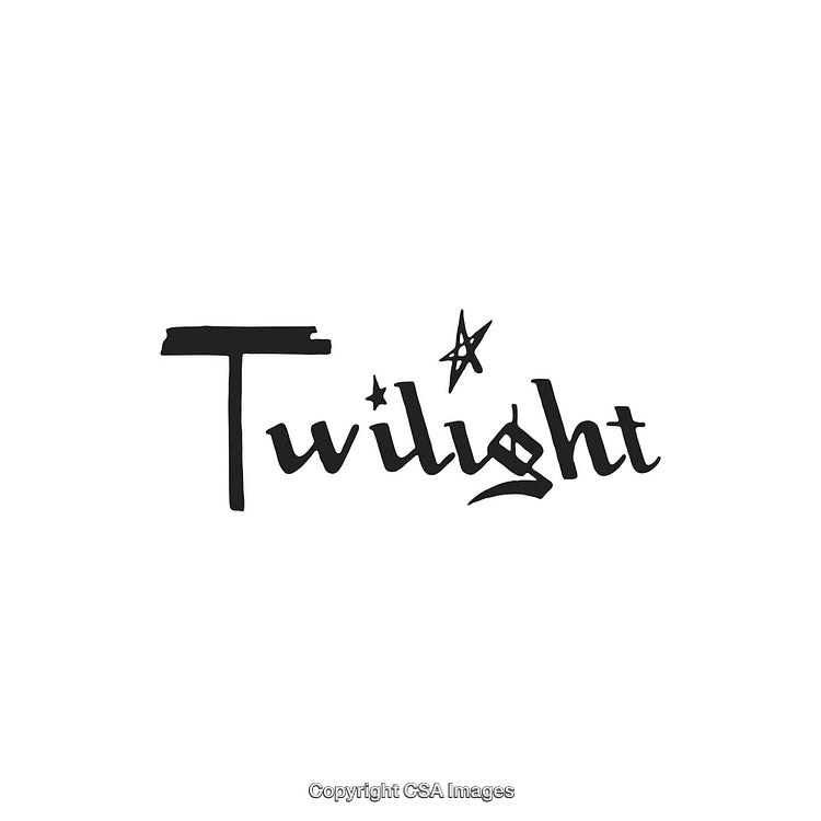 Twilight-Themed Calligraphy Text Design with Star Accents on White Background