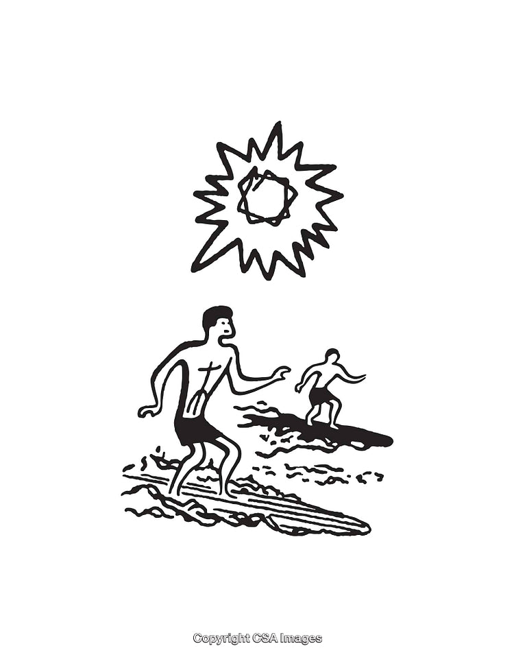 Line Art Illustration of Surfers Riding Waves Under the Sun