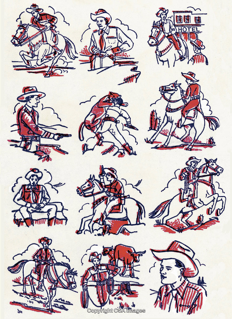 Collection of Western-Themed Cowboy Illustrations Depicting Various Scenes and Activities
