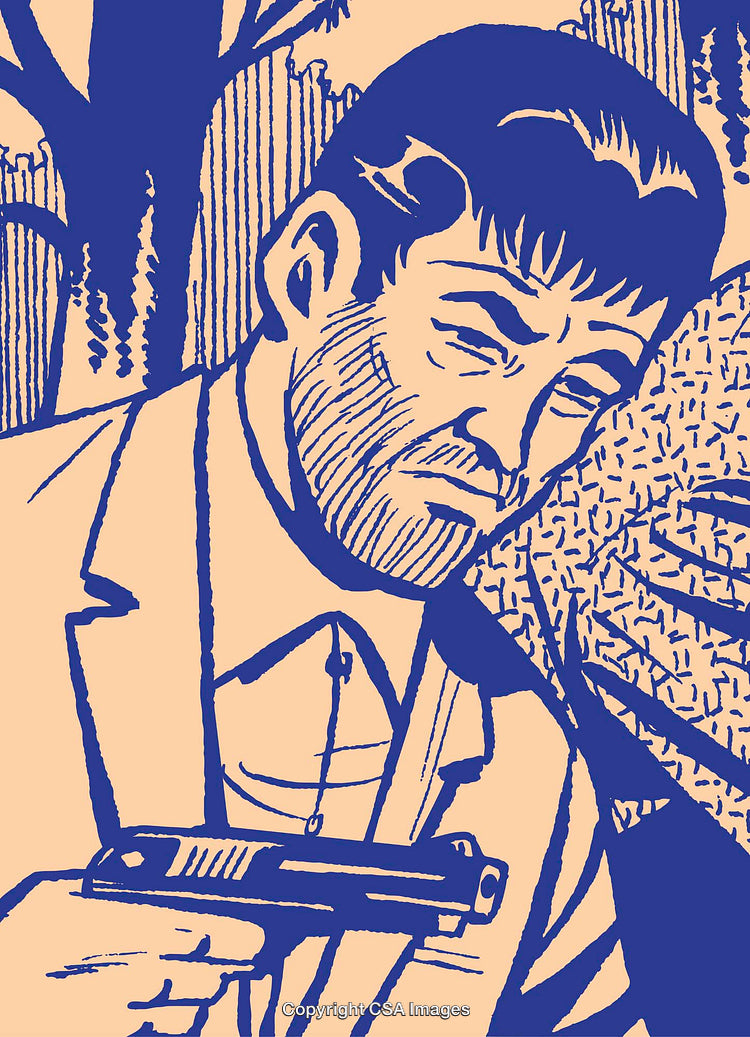 Stylized Illustration of a Thoughtful Man Holding a Firearm in Contemplation
