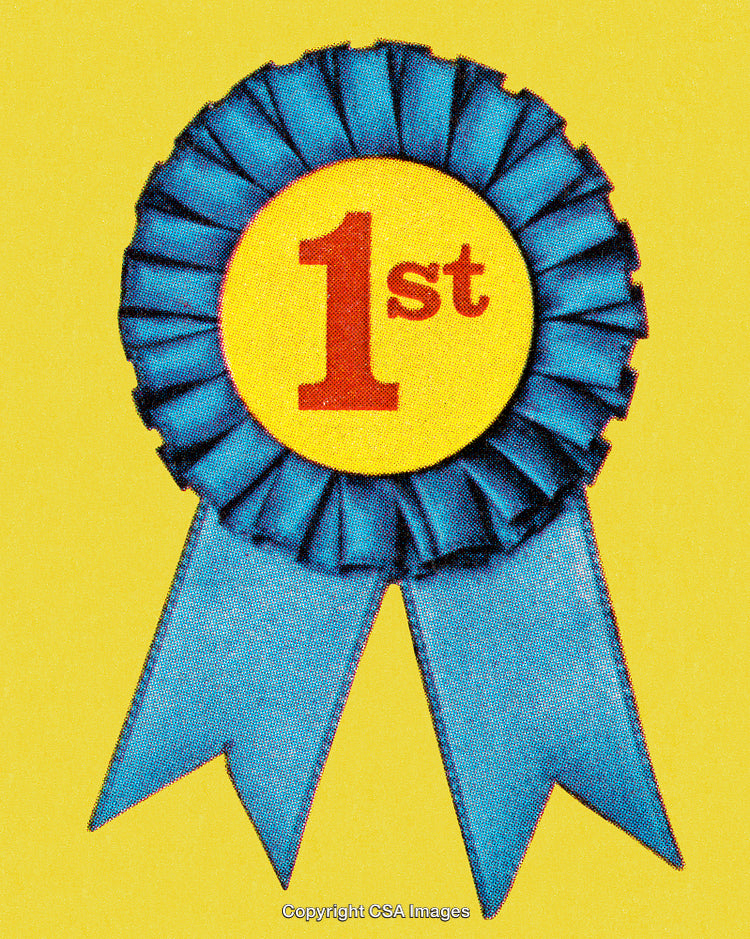 Blue Ribbon with a Yellow Center Featuring Text Stating '1st' on Yellow Background
