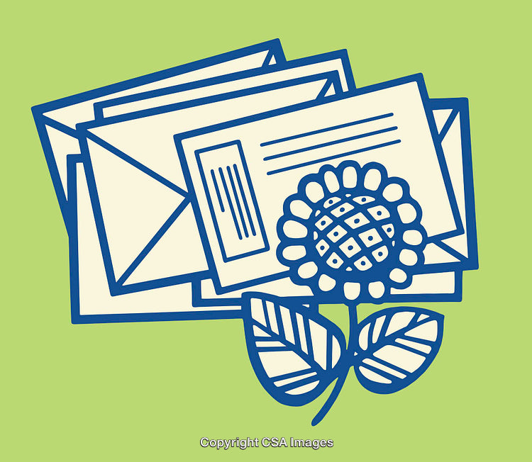 Colorful Line Art Illustration of Envelopes and a Floral Design on Green Background