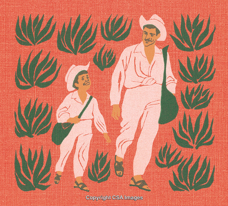 Father and Son Walking Among Plants in Traditional Attire on Vibrant Background