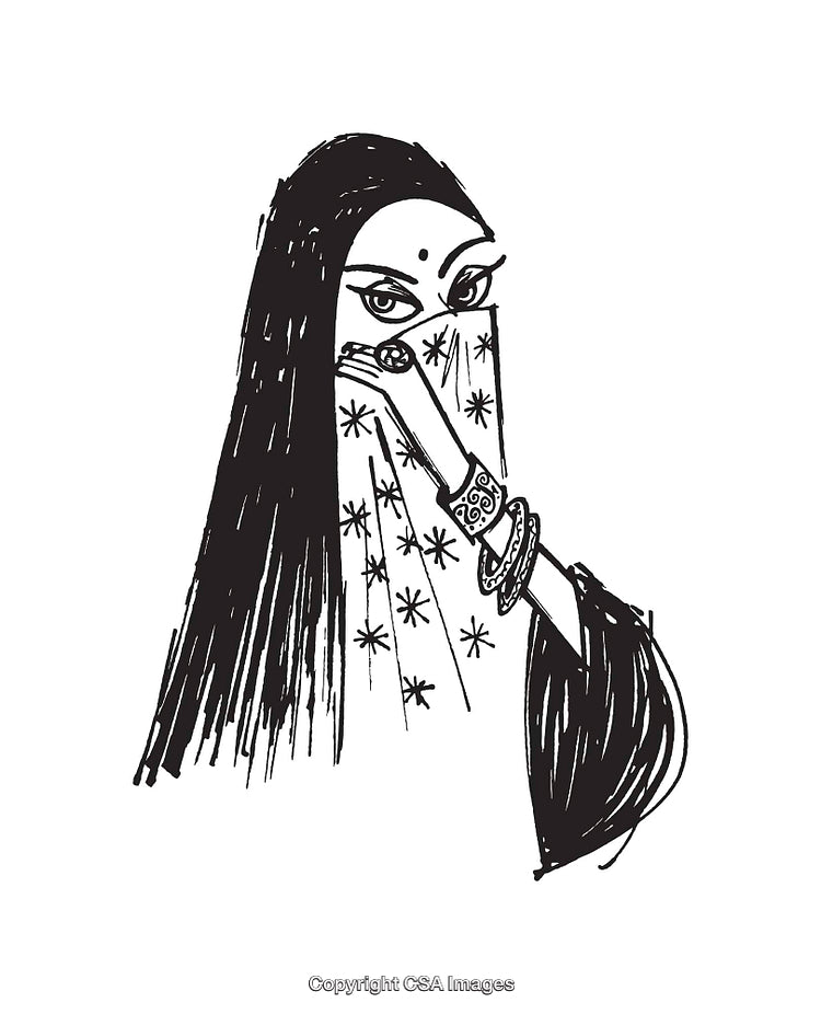 Elegant Black and White Line Art Depicting Woman in Traditional Attire