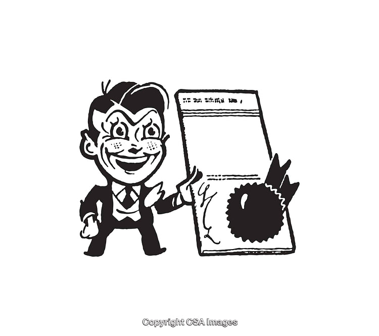Vintage Black and White Cartoon Character with Document Illustration