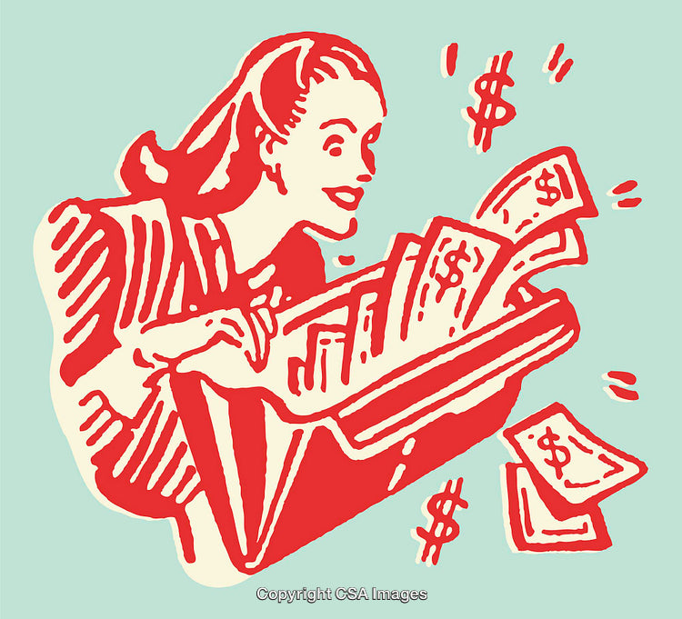 Retro Woman Excitedly Holding Money In Wallet Illustration