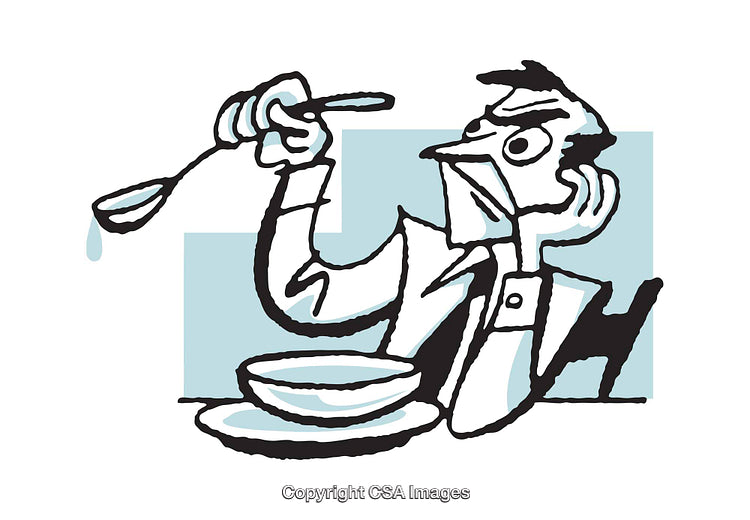 Illustration of a Pensive Man with Soup and a Dropping Spoon