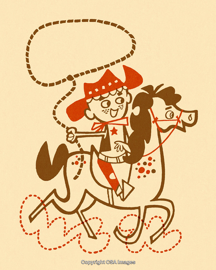 Retro Illustration of a Cowboy Riding a Horse with a Speech Bubble