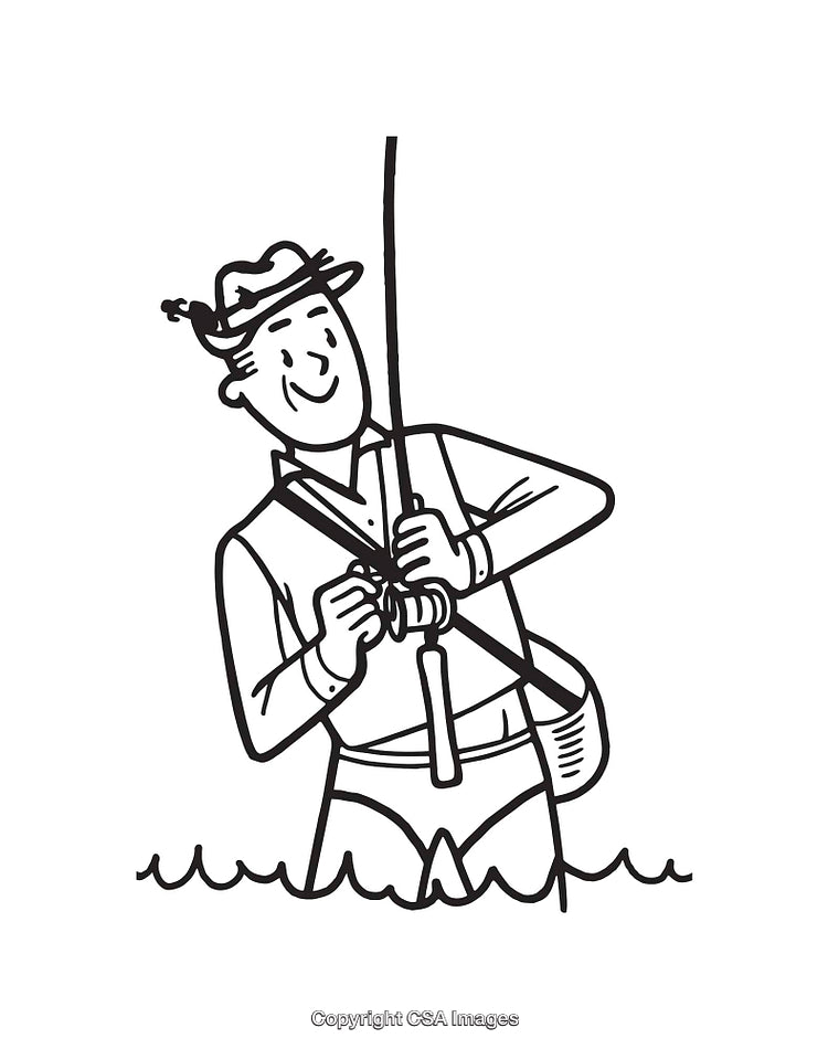 Black And White Line Art of a Happy Fisherman Wading and Fishing