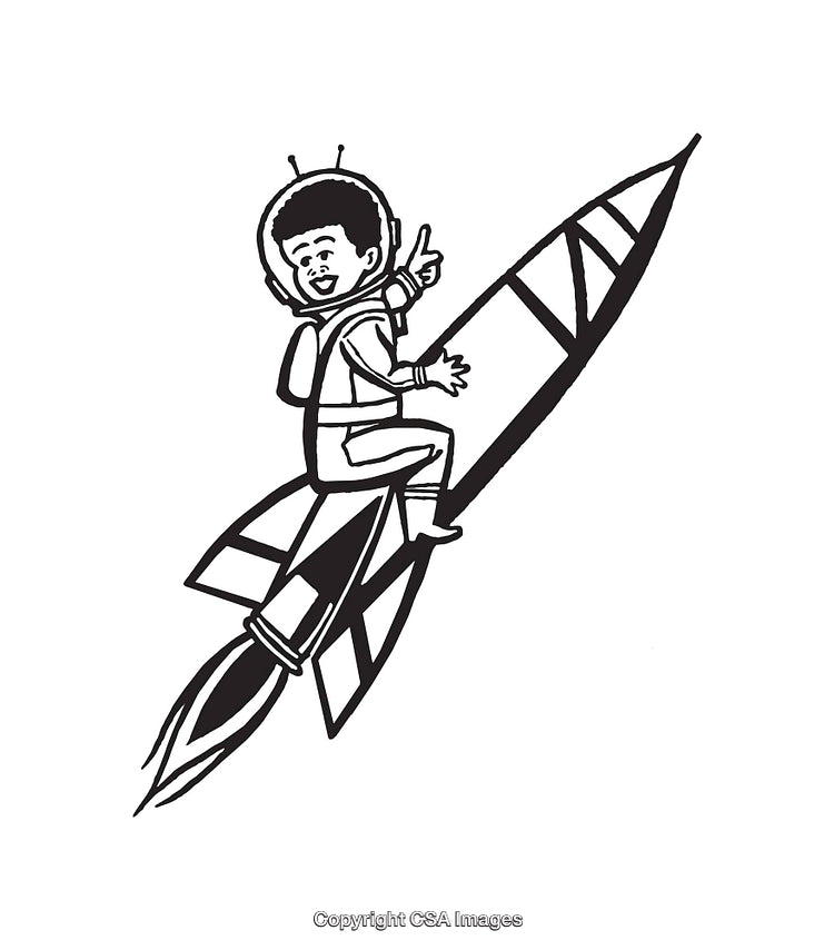 Black and White Illustration of an Astronaut Riding a Rocket