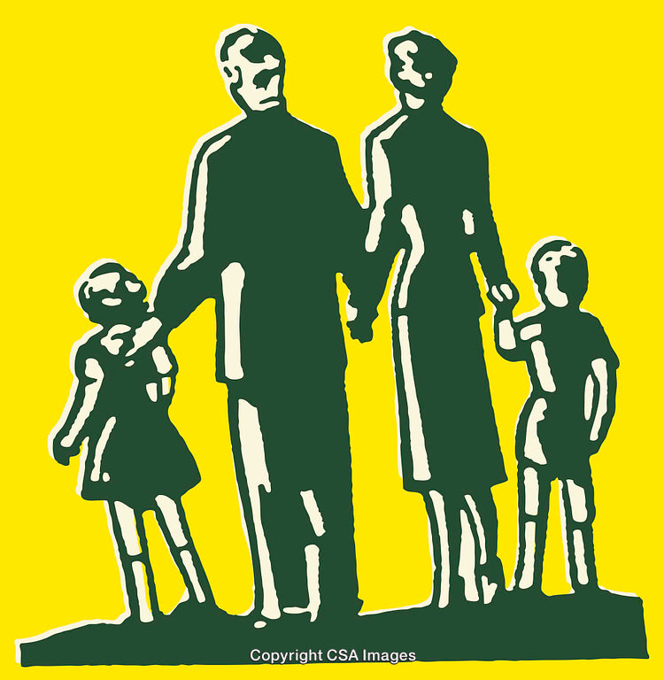 Vintage Family Silhouette Illustration on Bright Yellow Background Art