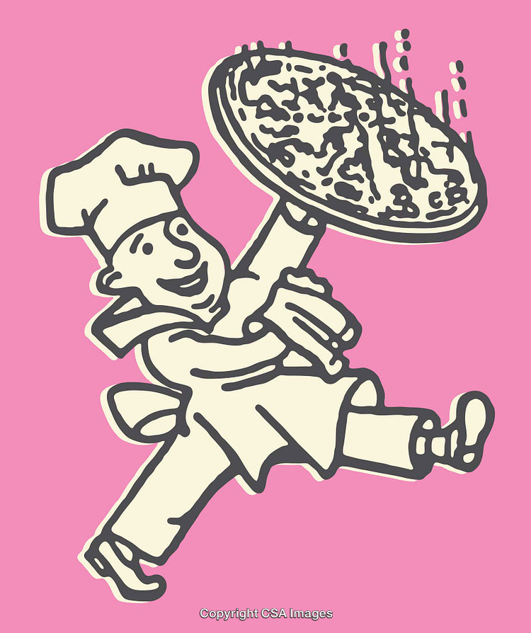 Cheerful Cartoon Chef Tossing Delicious Pizza on Bright Pink Background
