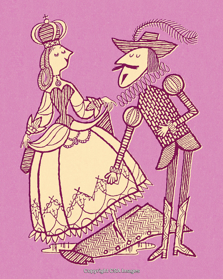 Cartoon Drawing of a Queen and Nobleman in Medieval Attire on Purple Background