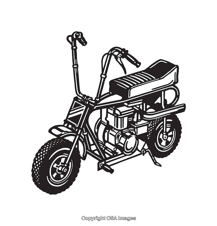 Black and White Line Art Illustration of a Vintage Mini Motorcycle