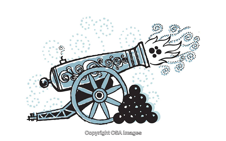 Detailed Artistic Illustration of Cannon Firing Amid Classical Patterns and Design