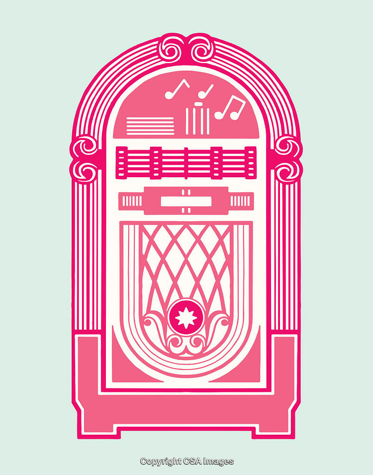 Vintage Pink Jukebox Line Art Illustration with Retro Music Symbols