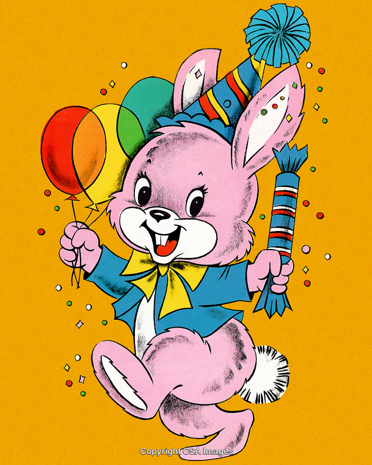 Pink Cartoon Bunny Celebrating with Party Hat and Balloons on Yellow Background